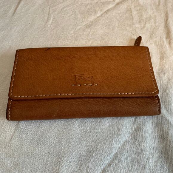 Fossil Genuine Leather Button Closure Flap Wallet Clutch Card Holder Tan Boho - Picture 3 of 16